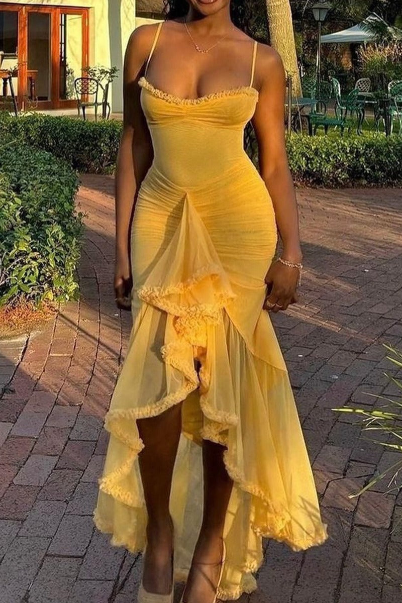 Spaghetti Strap Ruffle Trim High Low Asymmetrical Mini Party Dress