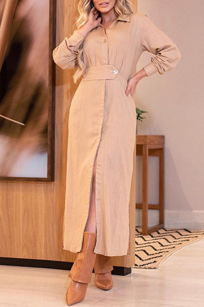 Collared Button Front Waistband High Split Long Sleeve Linen Maxi Dress