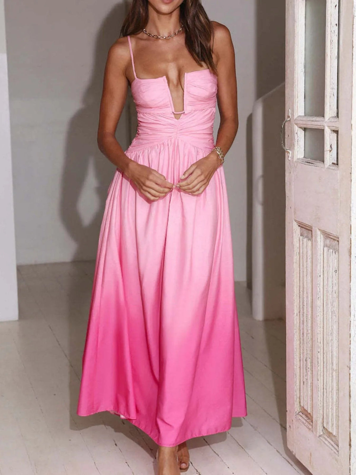 Ombre Spaghetti Strap Notch Neck Ruched Waist A-Line Maxi Dress