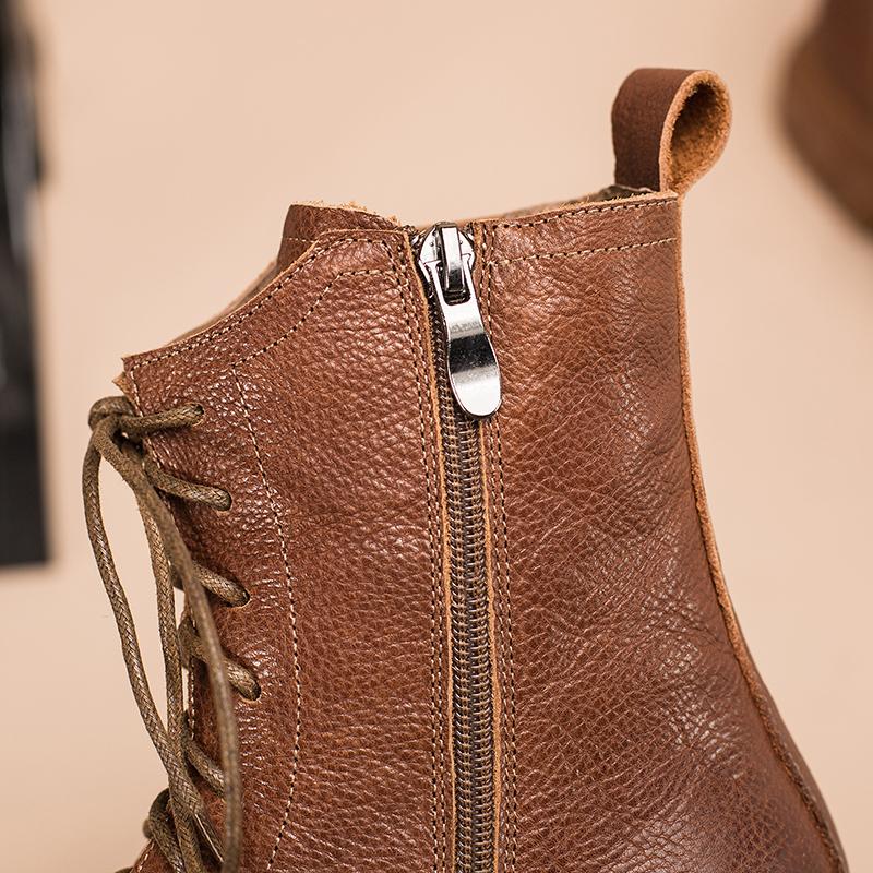 Full grain leather Combat Boots Designer Retro Chunky Riding Boots Side Zip Brown/Black