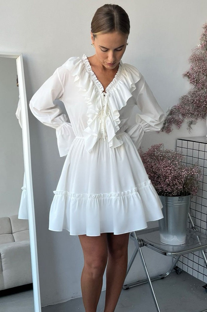Chiffon V Neck Flared Sleeve Mini Dress - View 6