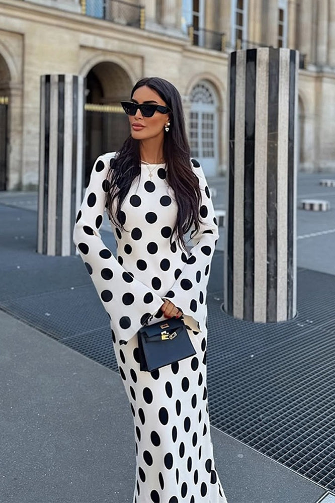 Chic Edition Polka Dot Bell Sleeve Maxi Dress
