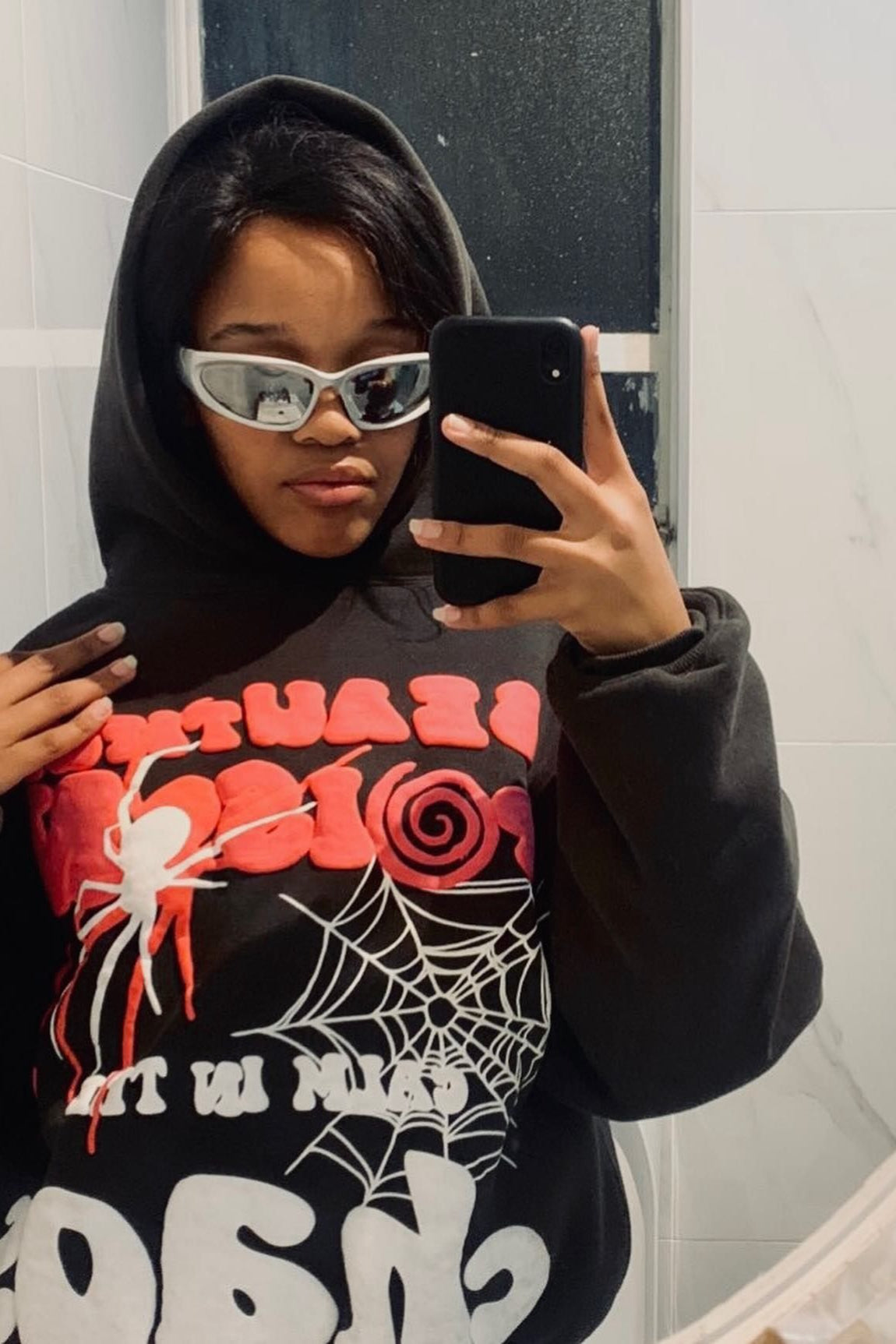 Spider Web Letter Print Hoodie