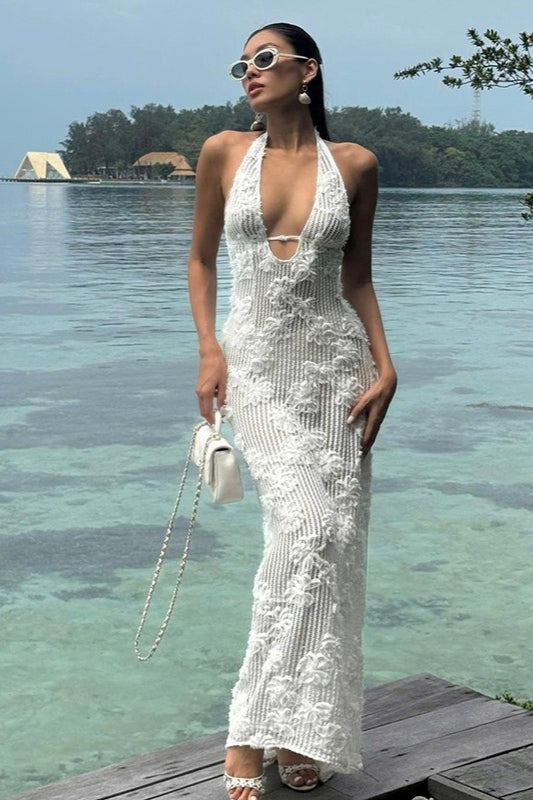Sequin Halter Neck Deep V-Neck Keyhole Backless Maxi Dress