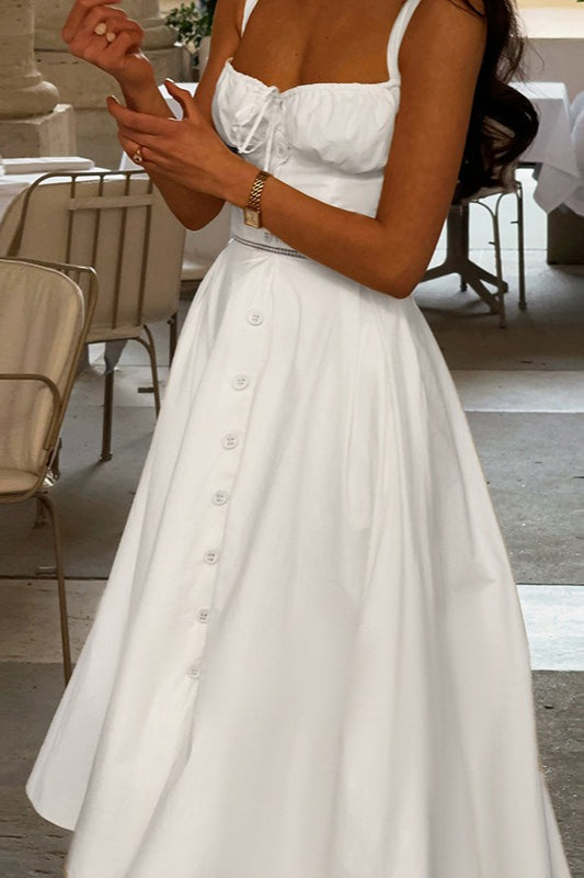 Sweetheart Neck Ruffle Button Front High Low Midi Dress