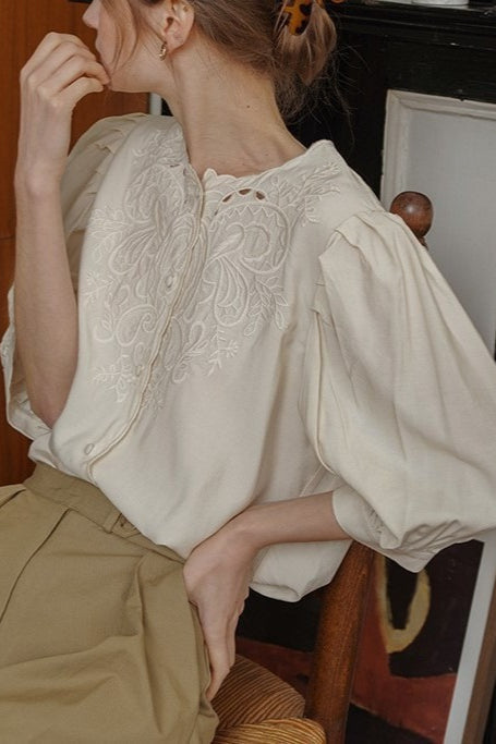 Embroidered Cut Out Puff Half Sleeve Button Front Blouse 2