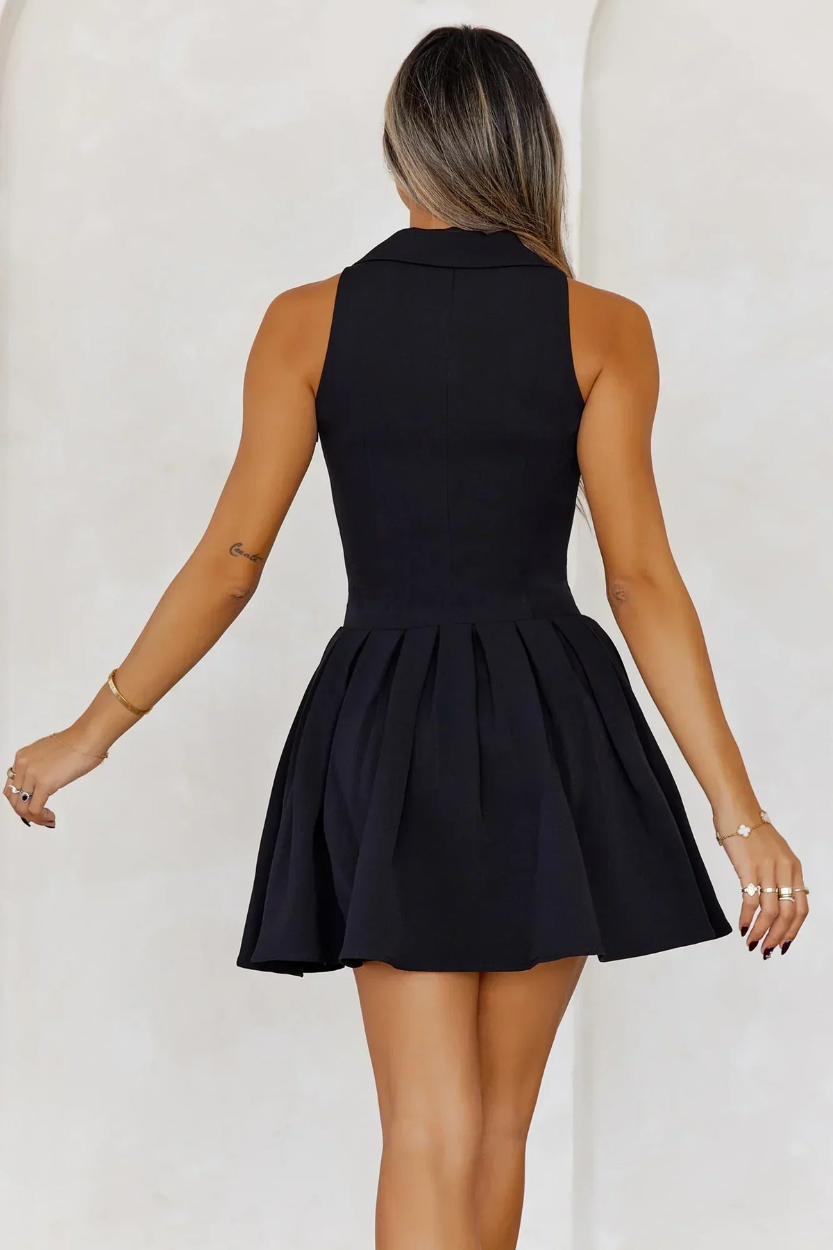 Collared Halter V-Neck Button Front Pleated Fit and Flare Mini Dress 3