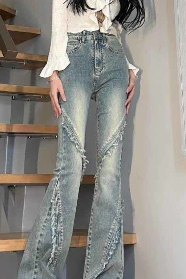 High Waist Frayed Ruffle Seam Washed Flare Denim Jeans 2