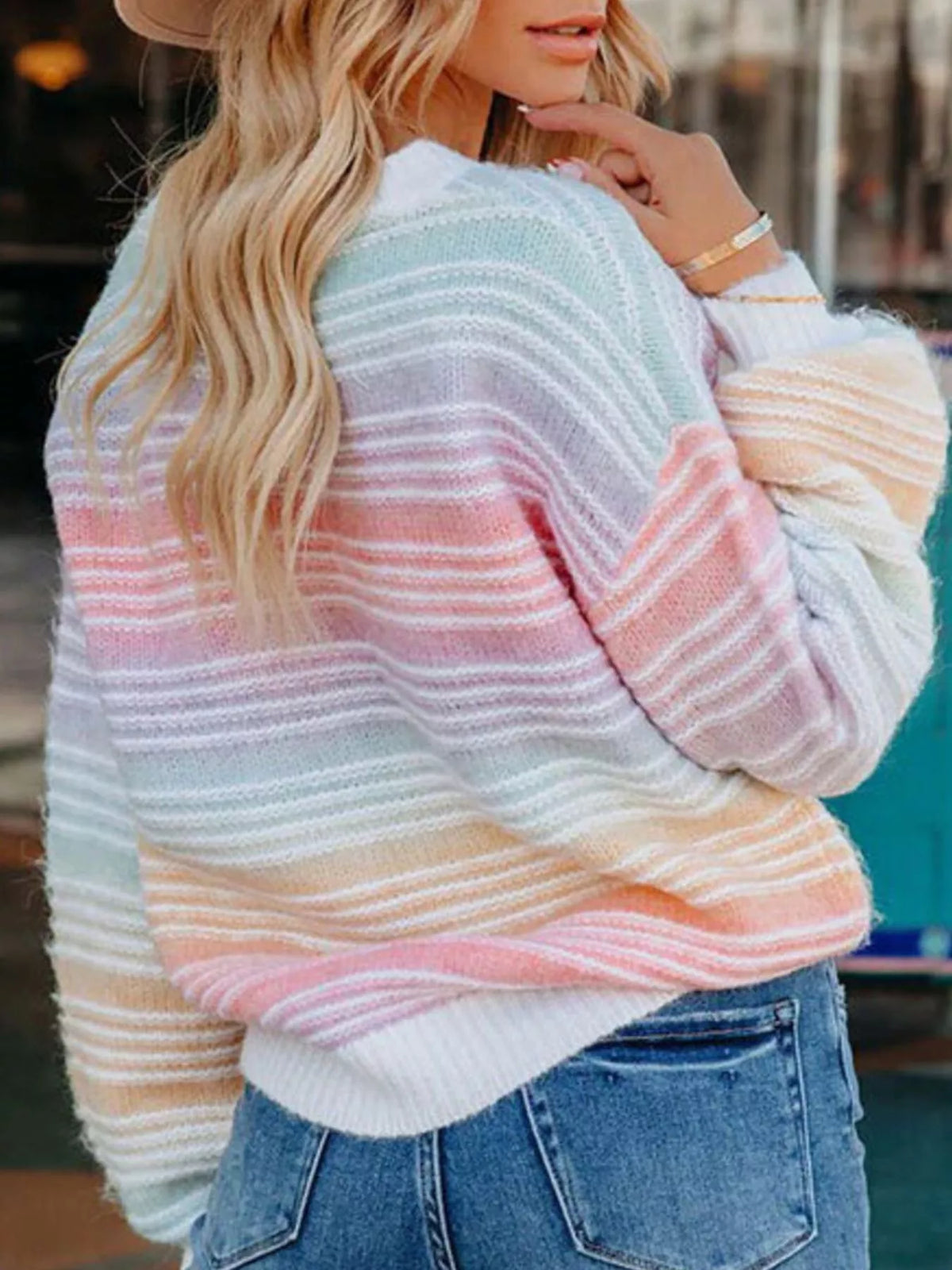 Ombre Striped Crew Neck Drop Shoulder Lantern Sleeve Knit Sweater 4