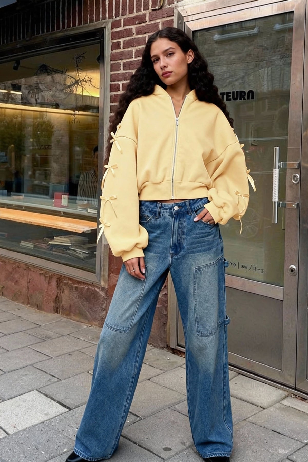 Bow Detail Sleeve Zip Up Cropped Hoodie Sweatshirt