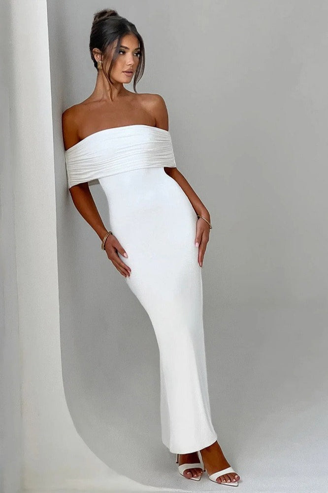 Off Shoulder Backless Ruched Bodycon Maxi Dress