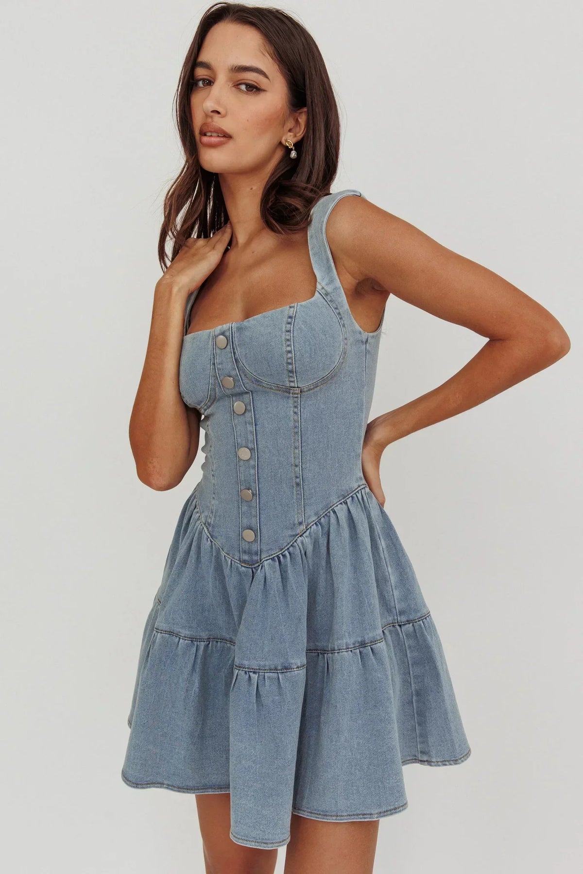 Denim-Look Square Neck Button Front Corset Bodice Tiered Mini Dress 2