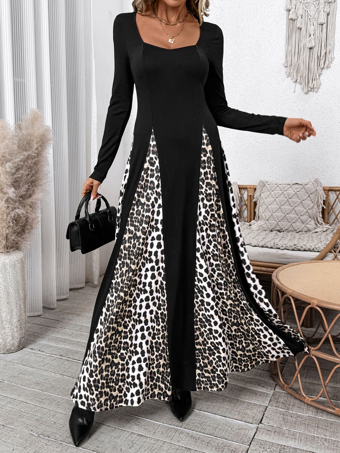 Leopard Print Godet Panel Square Neck Long Sleeve Flowy Maxi Dress 3