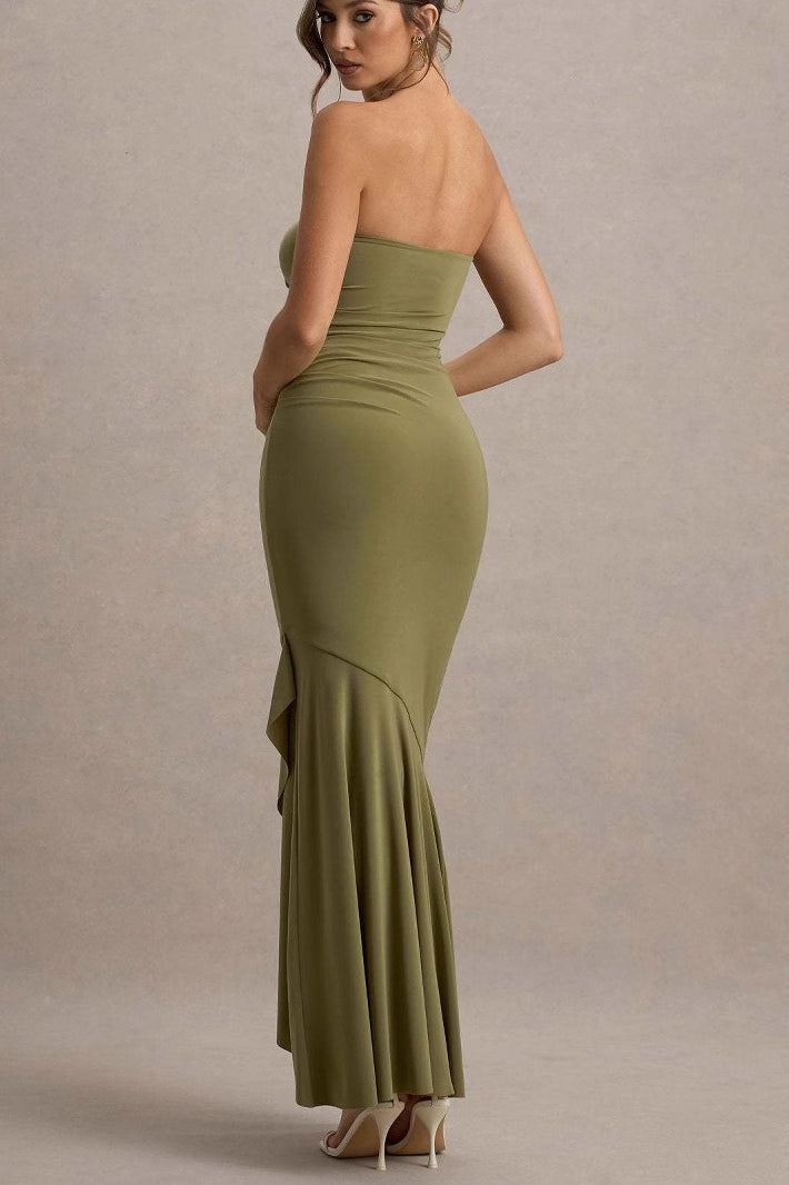 Strapless Ruched Asymmetric Ruffle Hem Bodycon Maxi Gown