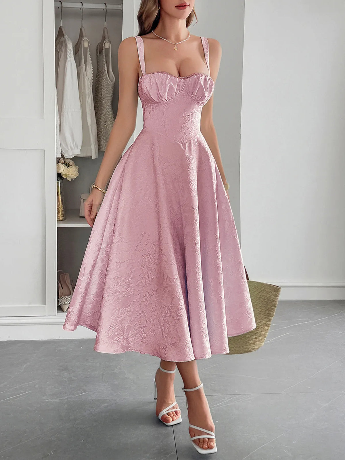 Floral Jacquard Sweetheart Corset Bodice A-Line Midi Dress 6