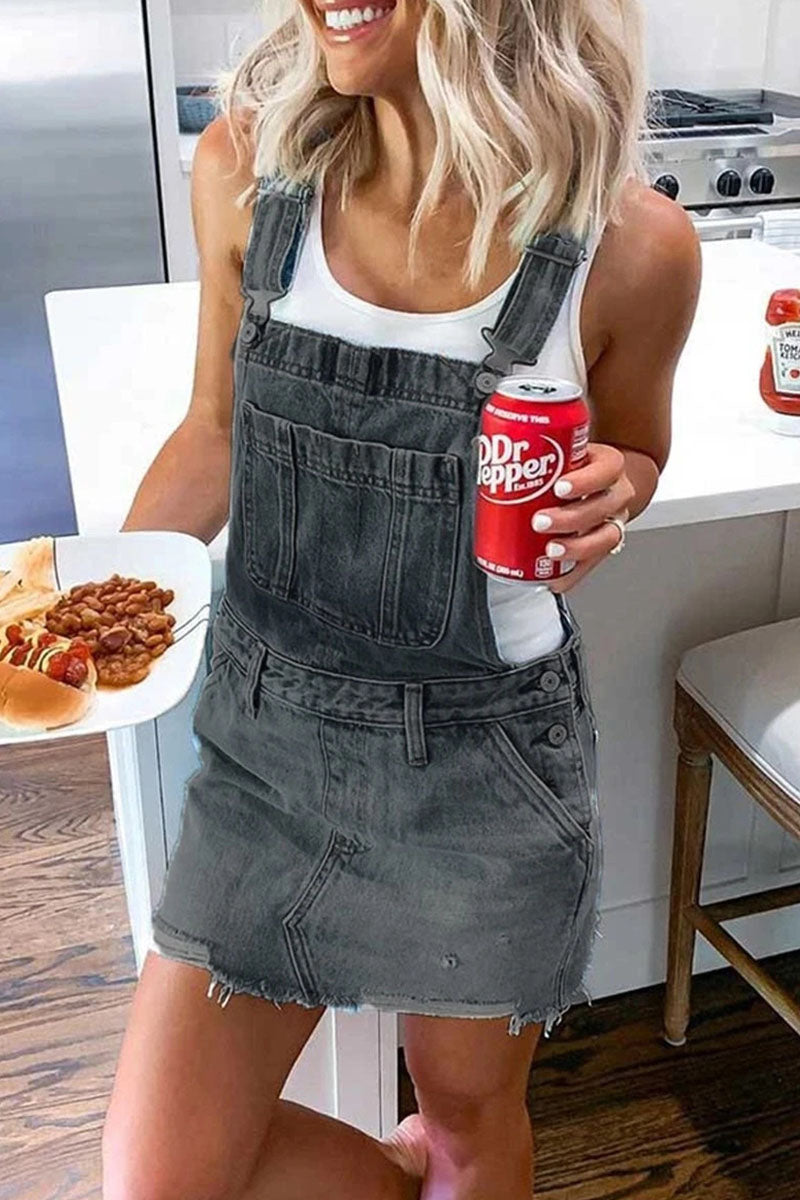Denim Adjustable Strap Buckle Bib Pocket Raw Frayed Hem Mini Overall Dress