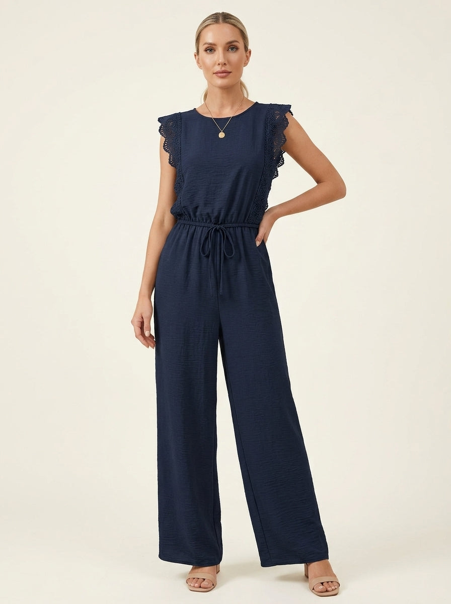 Round Neck Lace Trim Sleeveless Wide Leg Jumpsuit