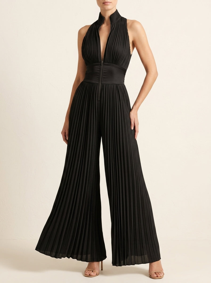 Pleated Halter Neck Plunge Zip Front Wide Leg Jumpsuit