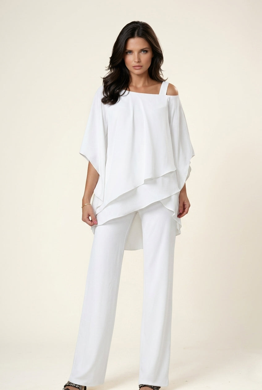 Cold Shoulder Layered Chiffon Top and Pants Two Piece Set