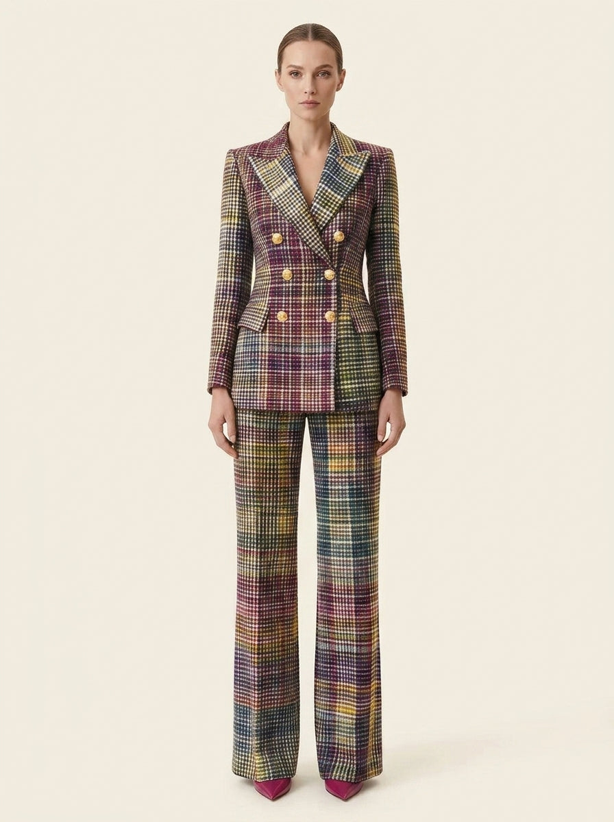 Plaid Double Breasted Blazer and Wide Leg Pants Two Piece Set