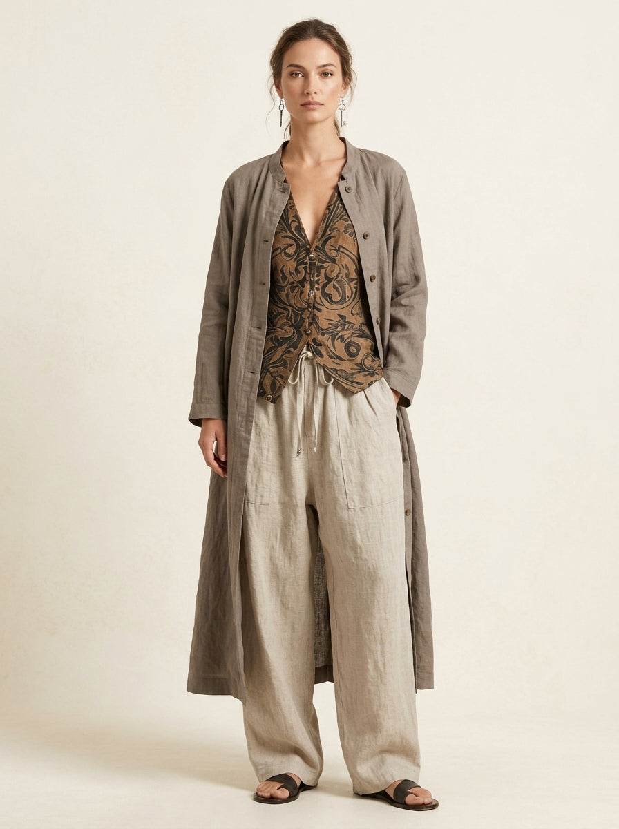 Linen Look Duster Printed Vest and Wide Leg Pants Three Piece Set