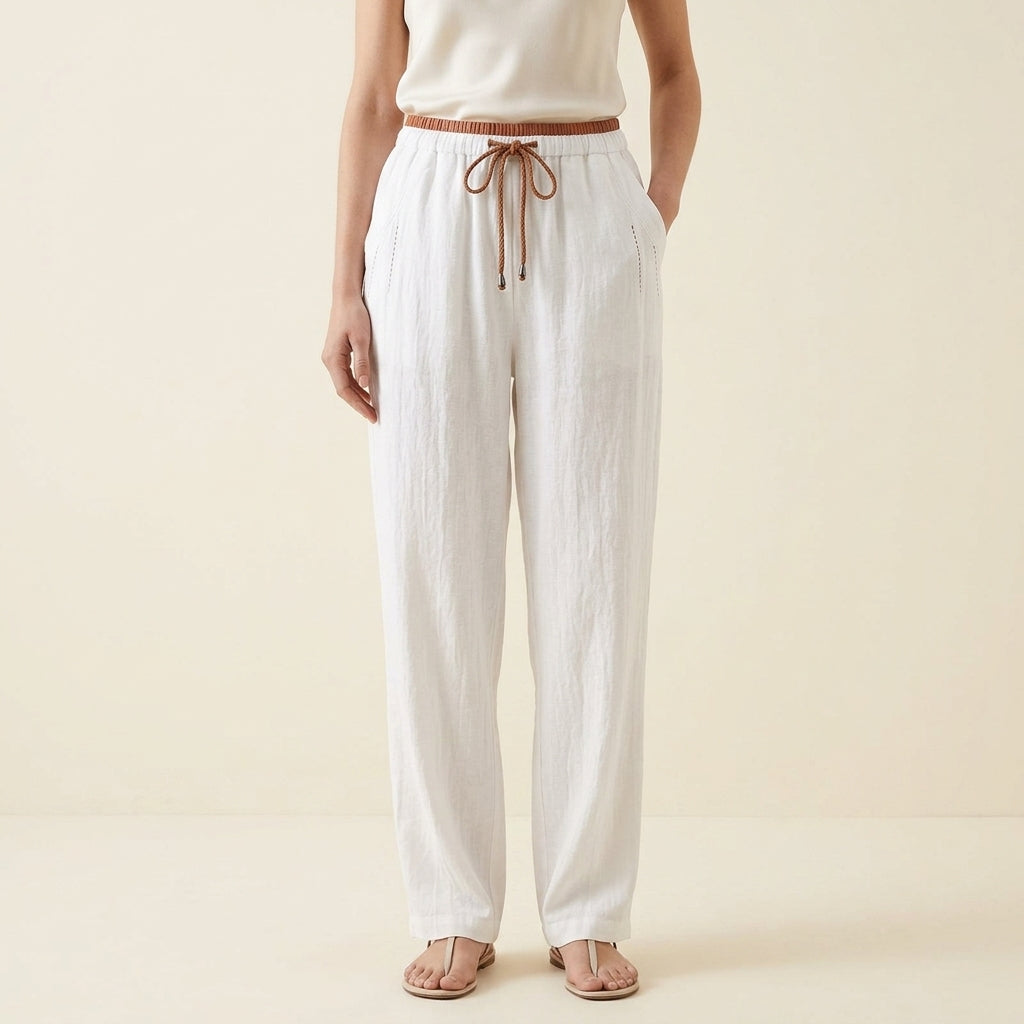 Drawstring High Waist Tapered Linen Look Pants