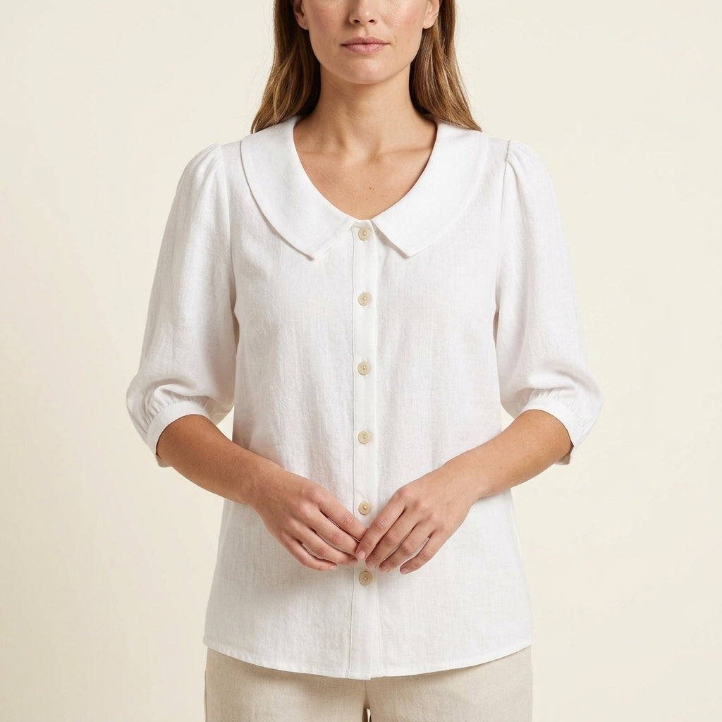 Peter Pan Collar Half Sleeve Button Front Blouse