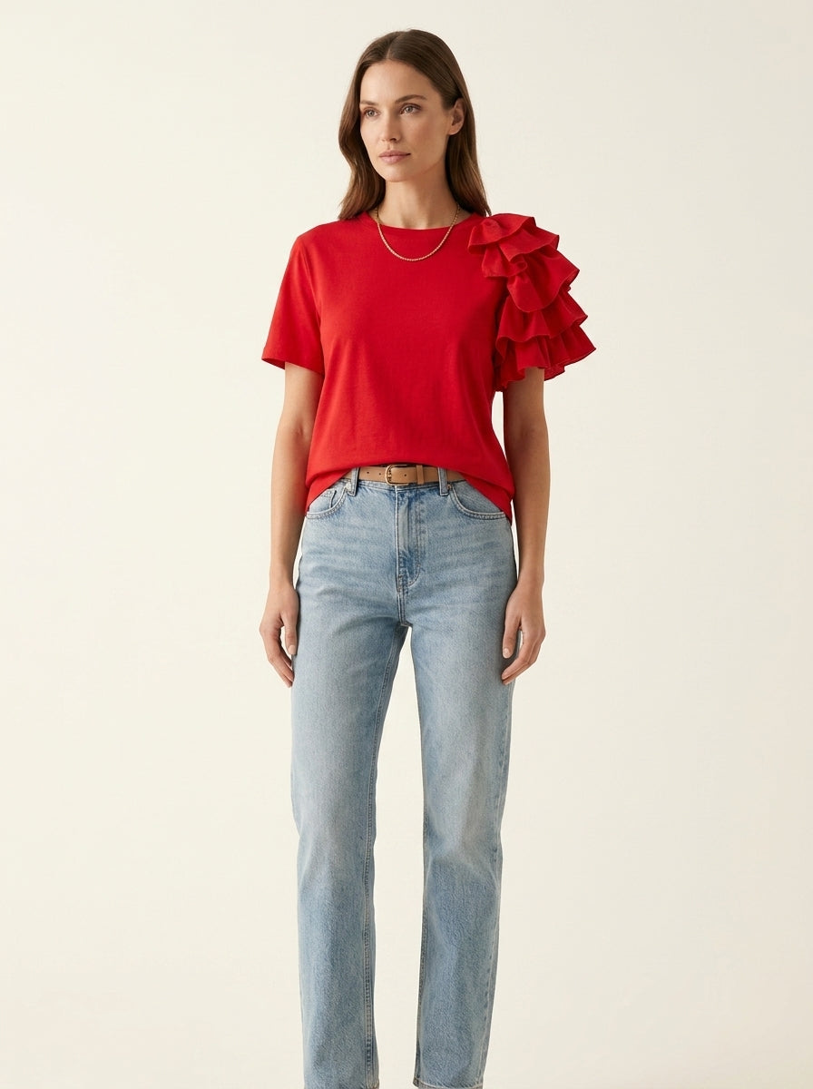 Round Neck Ruffle Sleeve Top