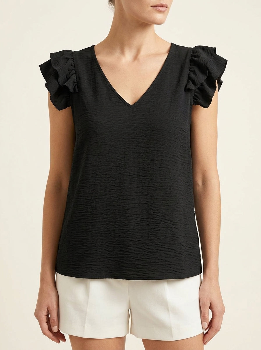 V-Neck Ruffle Sleeve Textured Top
