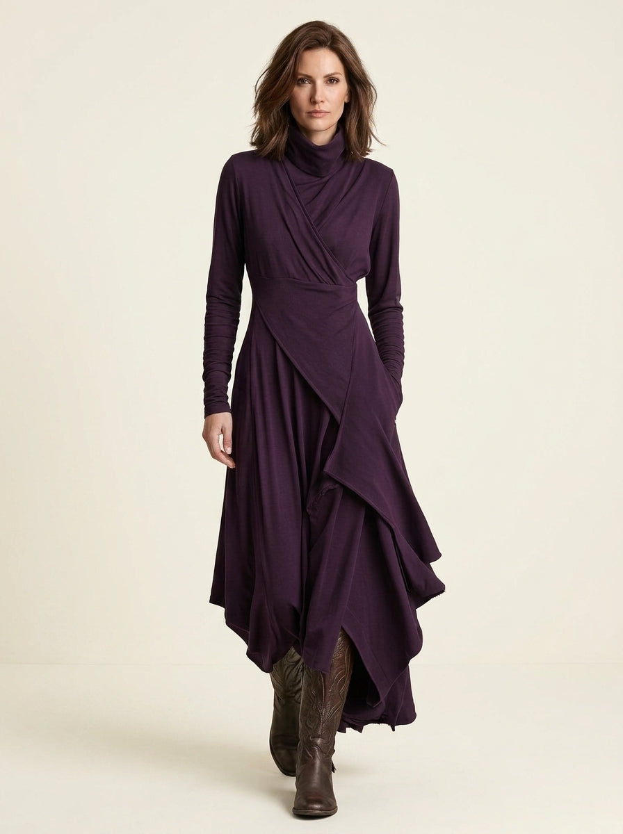 Turtleneck Long Sleeve Wrap Asymmetric Maxi Dress