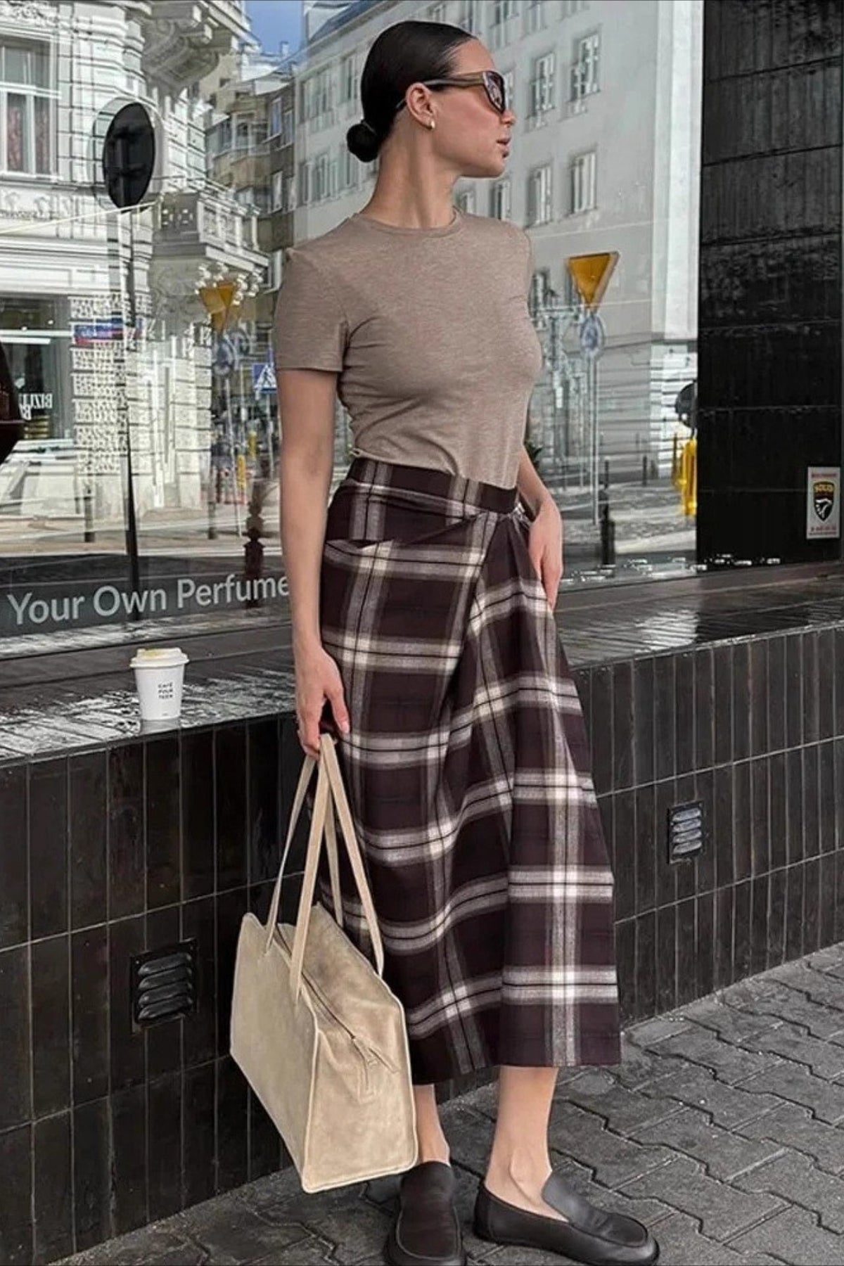 Plaid High Waist Twist Front Draped Midi Skirt 2