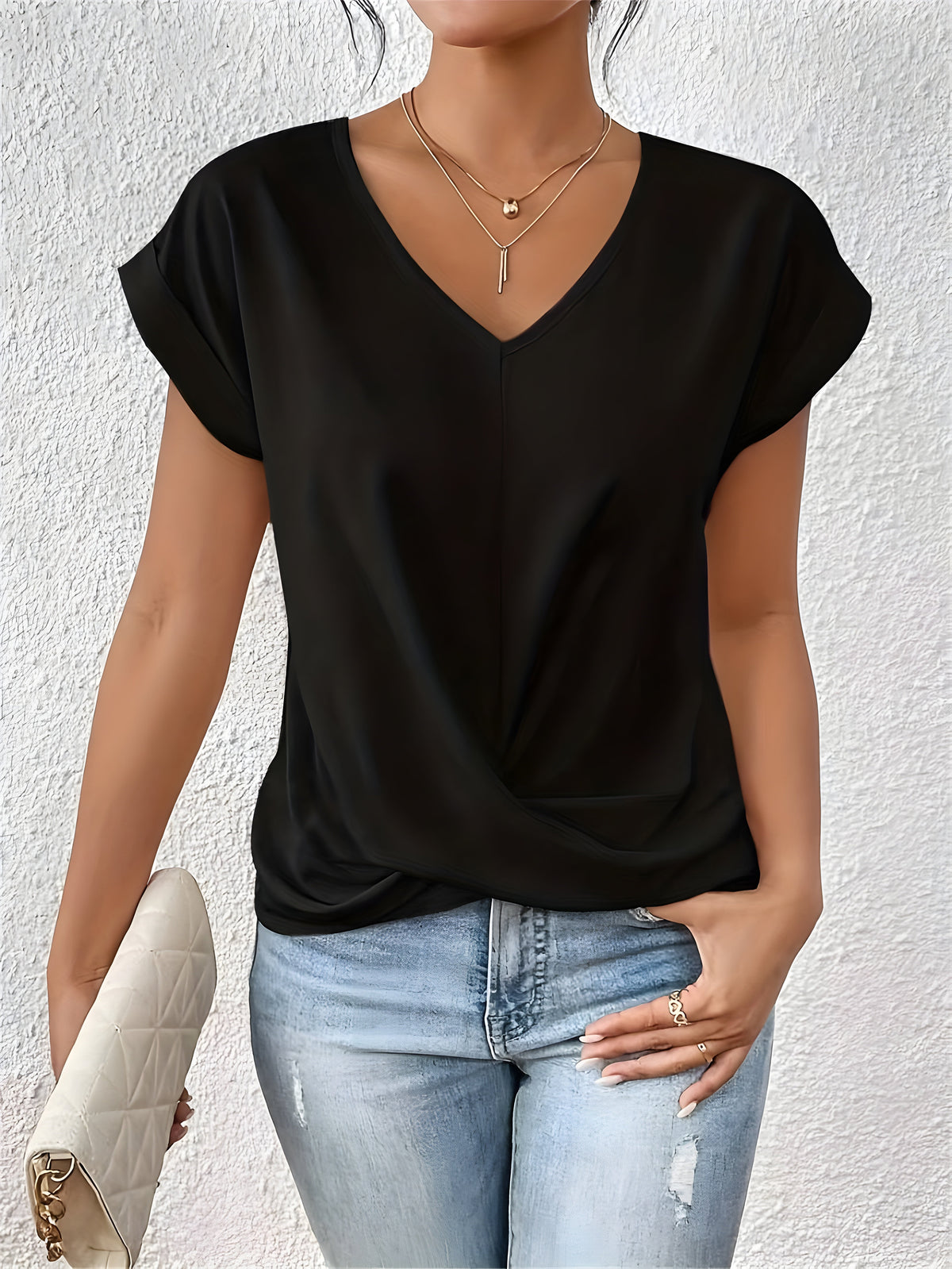 V-Neck Short Sleeve Twist Front Top