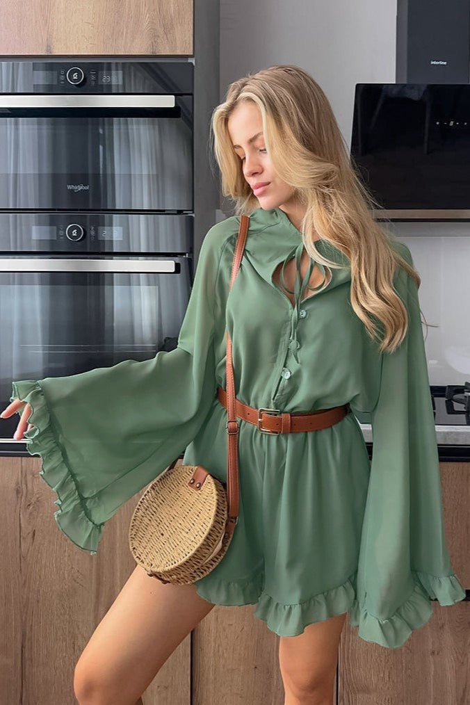 Vintage Lace Up Sleeve Ruffle Mini Dress - View 2