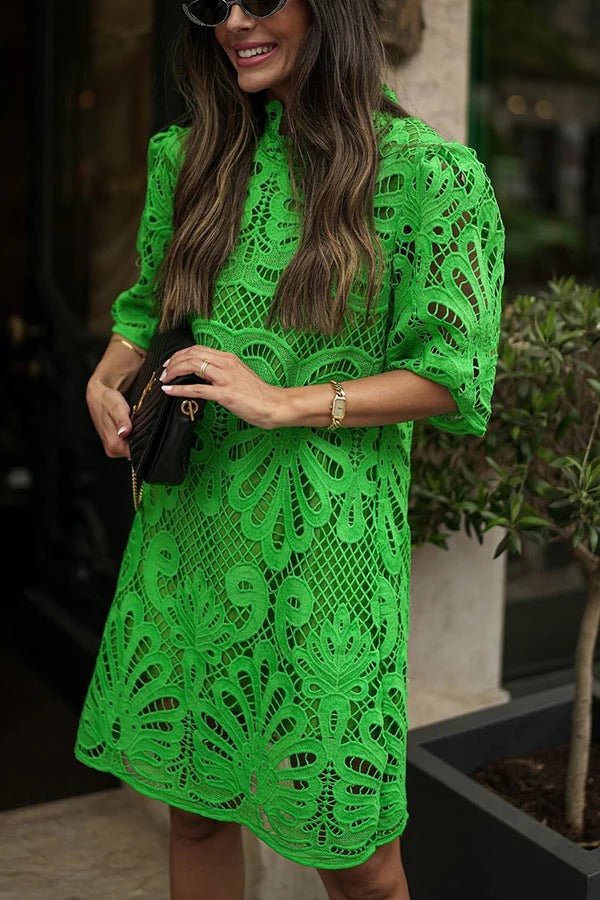 Crochet Lace High Neck Short Sleeve Shift Mini Dress