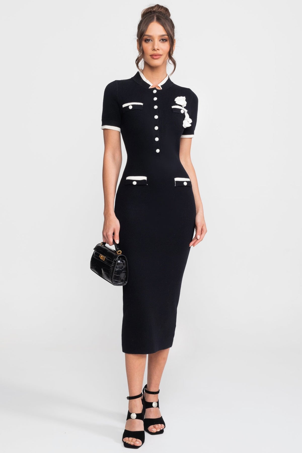 Short Sleeve Button Front Contrast Trim Flower Applique Knit Bodycon Midi Dress