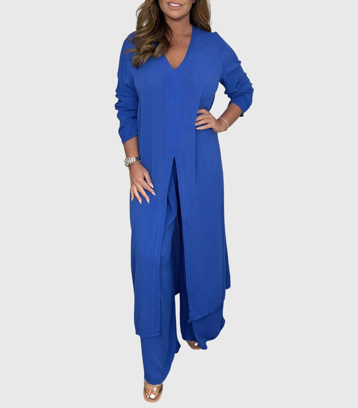 Long Sleeve Side Slit Longline Top and Wide Leg Pants Two Piece Set