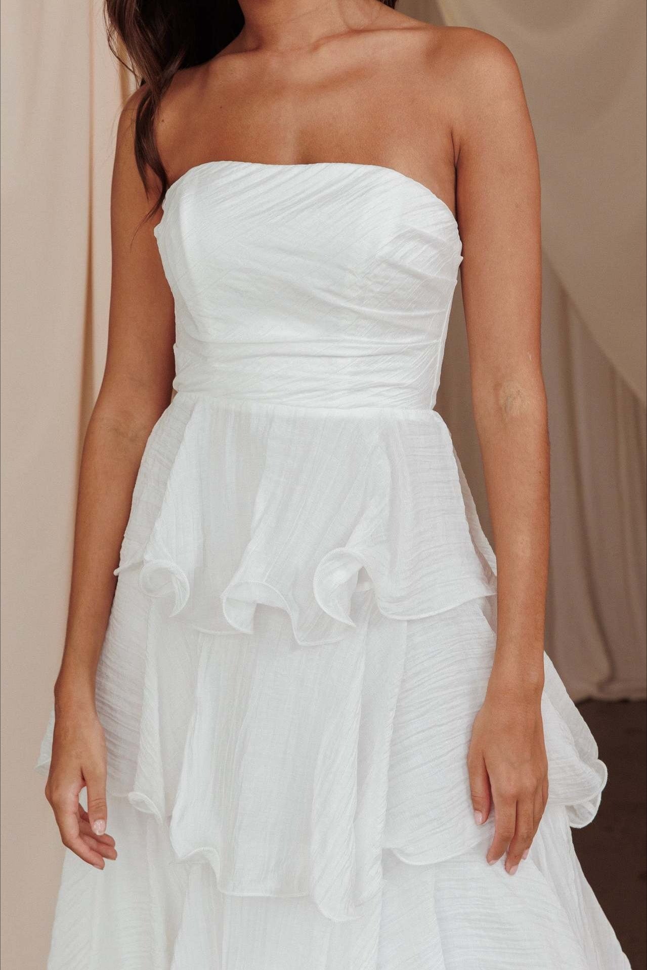 Strapless Tiered Ruffle Fit and Flare Midi Dress