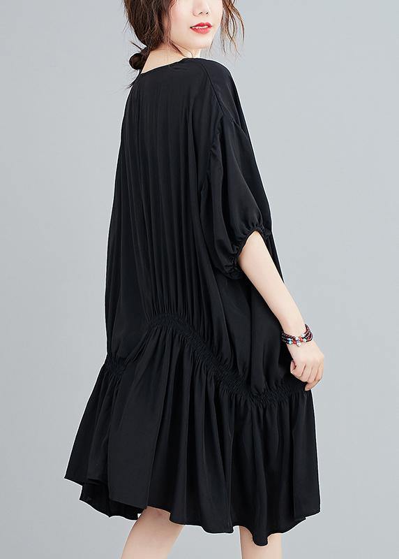 Round Neck Puff Sleeve Asymmetric Ruched Handkerchief Hem Oversized Midi Dress