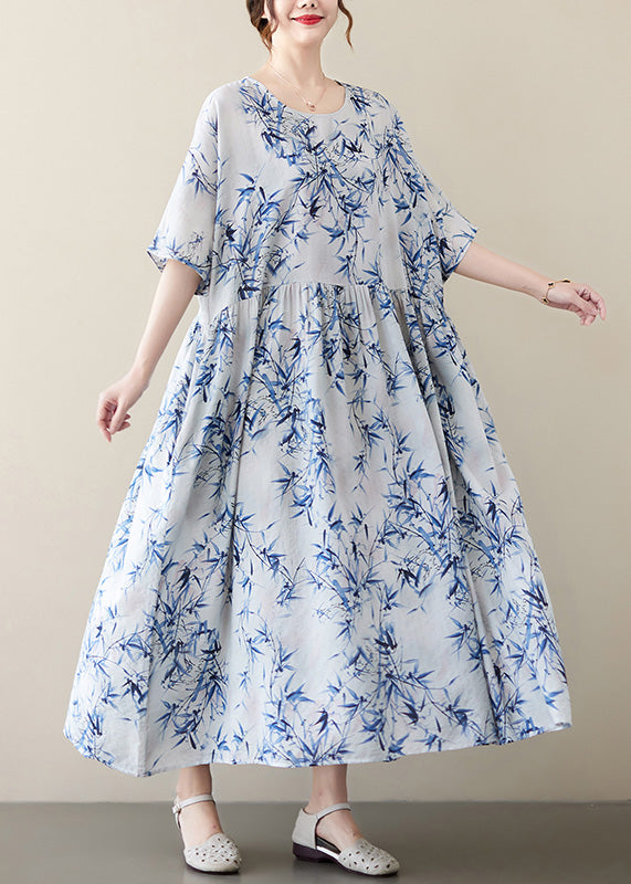 Bamboo Leaf Print Round Neck Empire Waist Pocket A-Line Midi Dress