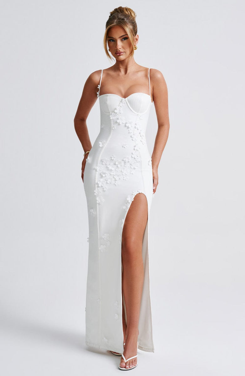 3D Floral Applique Bustier Spaghetti Strap High Split Maxi Dress 13