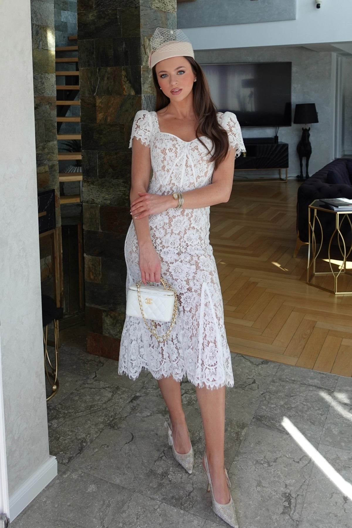 Lace Bustier Sweetheart Neck Puff Sleeve Belted Bow Midi Dress - View 5