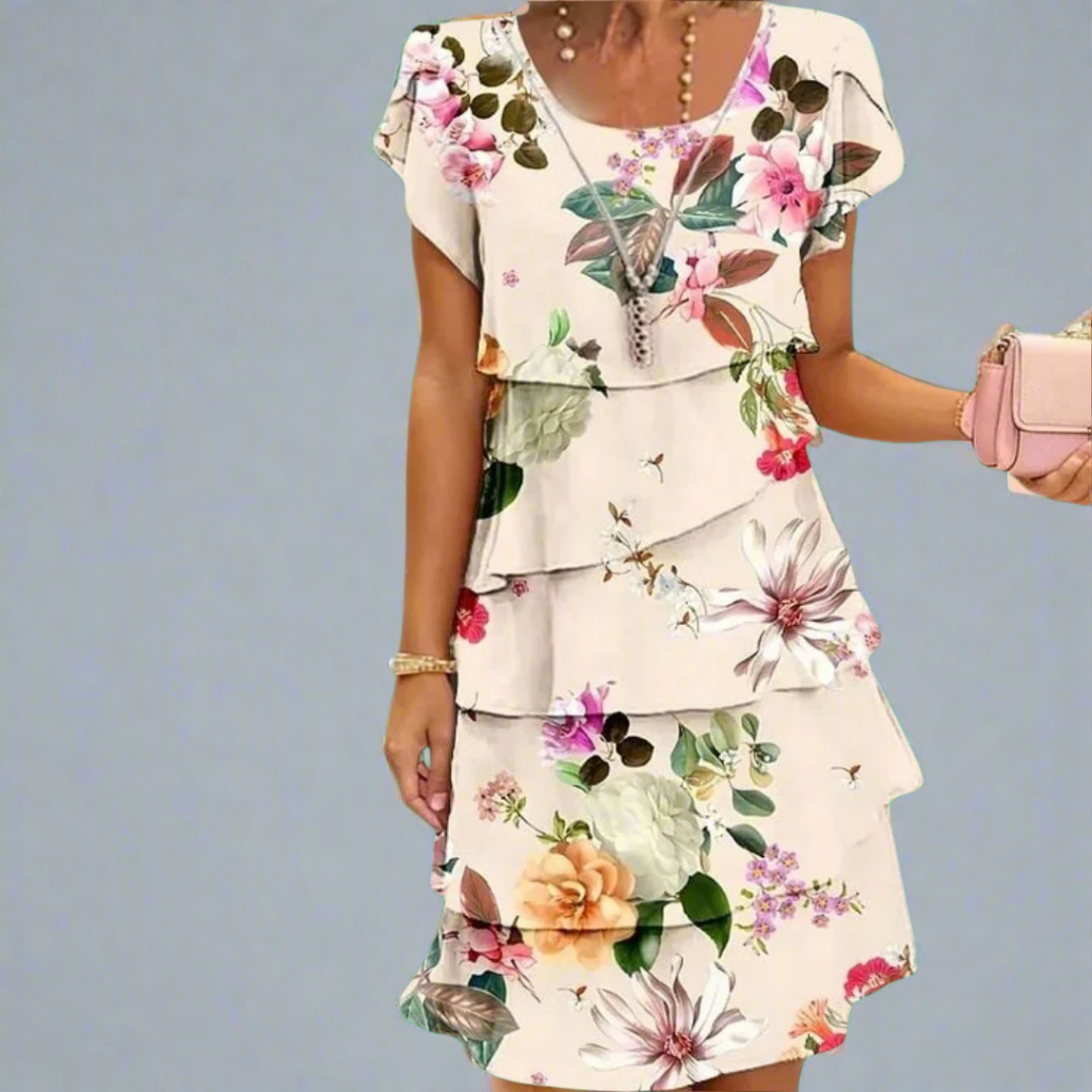 Sable - Floral Print Crew Neck Tiered Pleated Dress Cream White