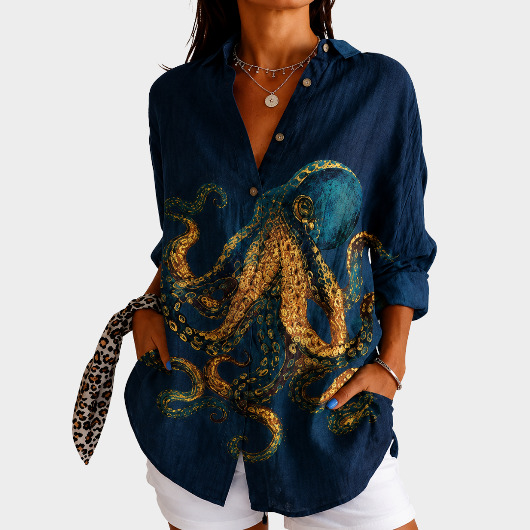 Octopus Print Button Front Long Sleeve Shirt
