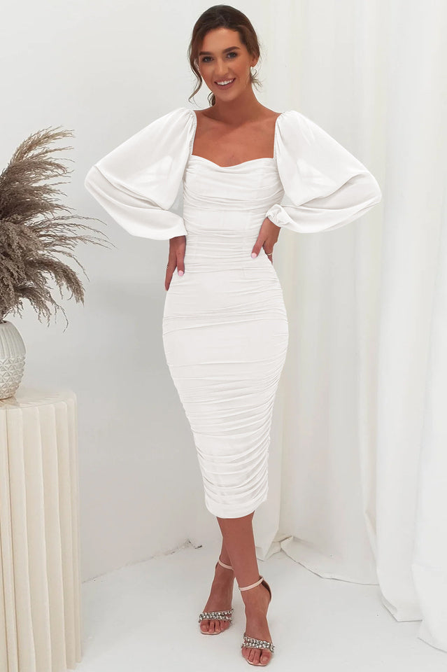 Square Neck Sheer Mesh Long Sleeve Ruched Bodycon Midi Dress 18