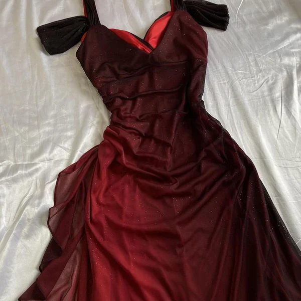 Charming Ombre Red Chiffon A Line Prom Dress Off The Shoulder Evening Dress cc1389