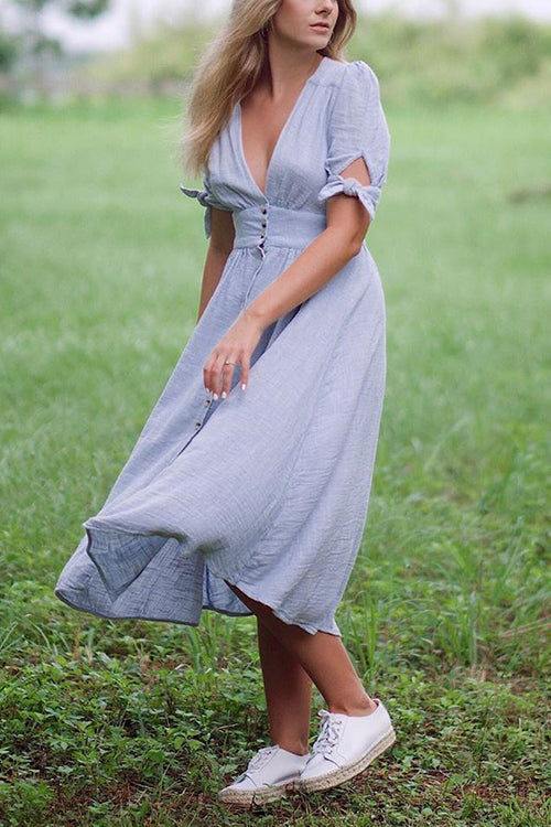 Deep V-Neck Puff Sleeve Tie Cuff Button Front Wide Waistband A-Line Midi Dress