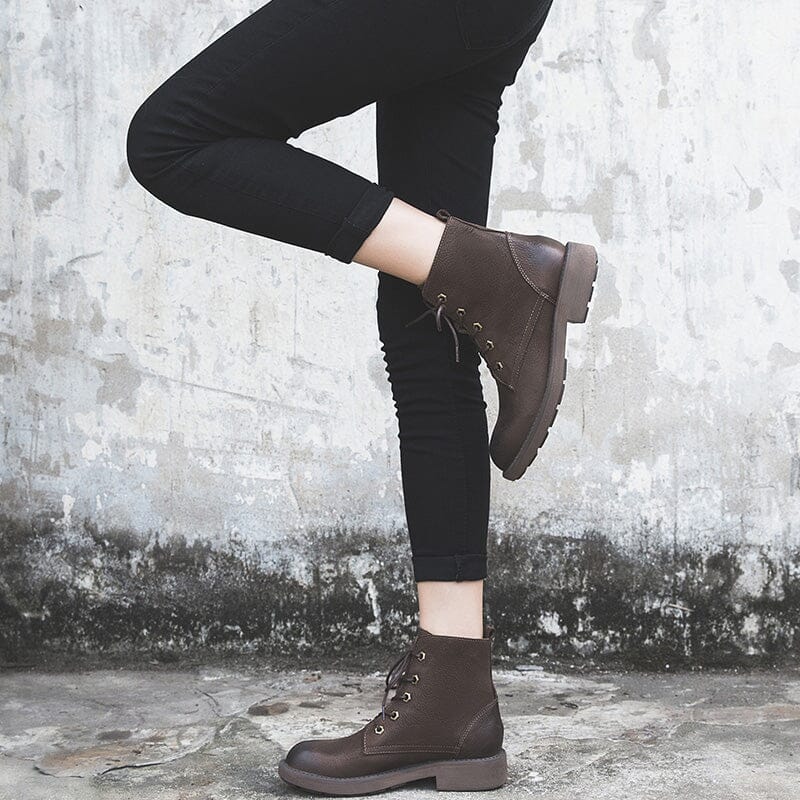 Full Grain Leather Combat Boots Designer Retro Chunky Boots Coffee/Black