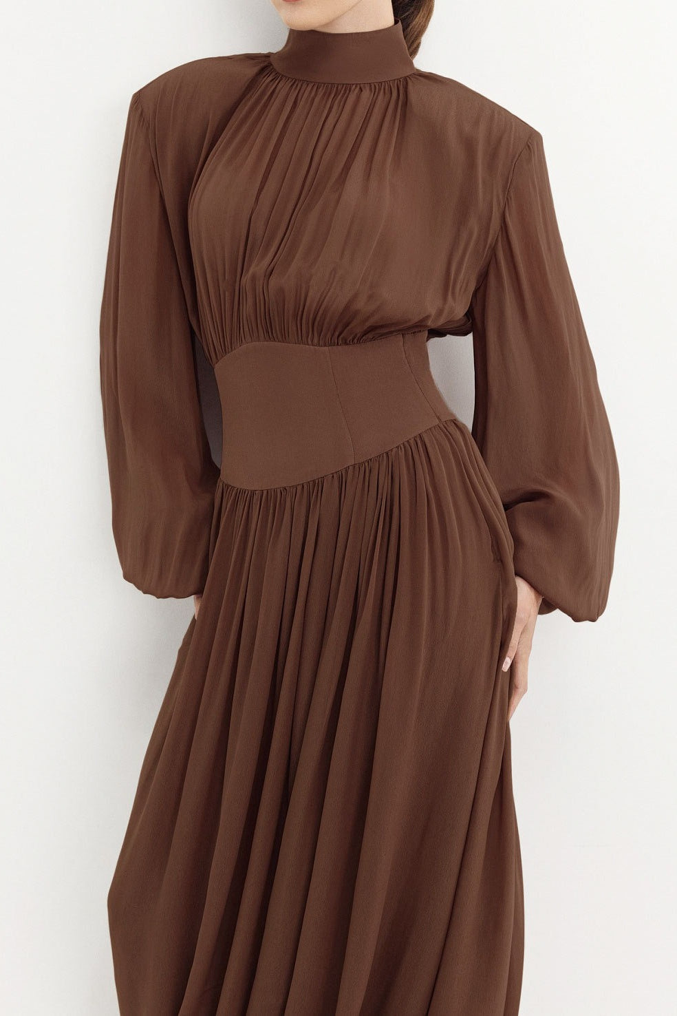 Chiffon Puff Sleeve Ruched Midi Dress - View 2