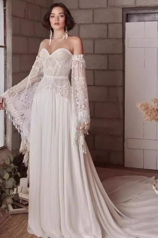 Strapless Lace Long Sleeve Wedding Dress