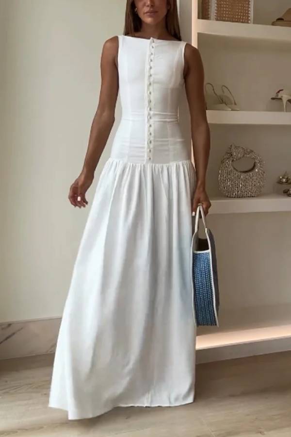 Sleeveless Boat Neck Button Down Drop Waist Gathered Maxi Dress